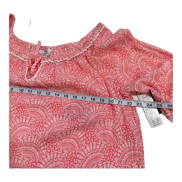 Crown & Ivy Women sz L Petite  Coral Top Blouse Tie Collar Neck Crochet Detail - Picture 6 of 15